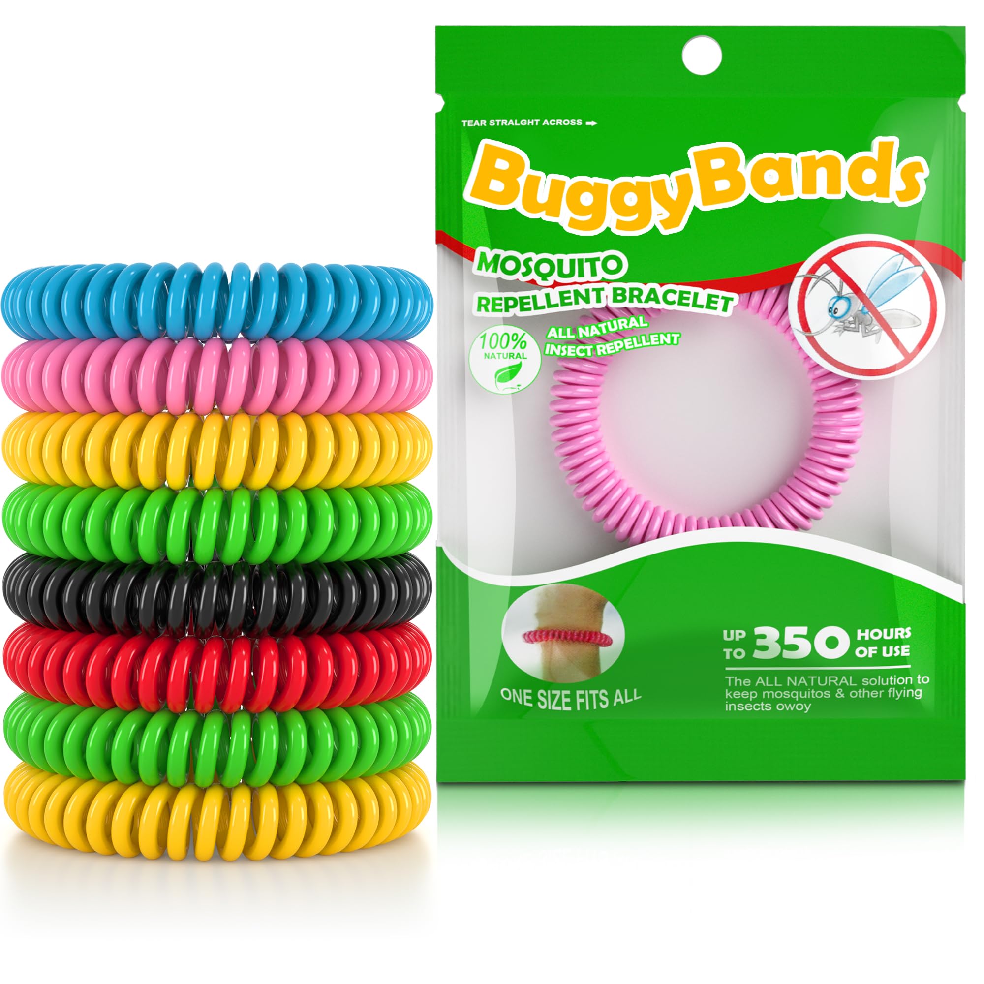 BuggyBands colorful bracelets on wrist for mosquito protection during outdoor activities.