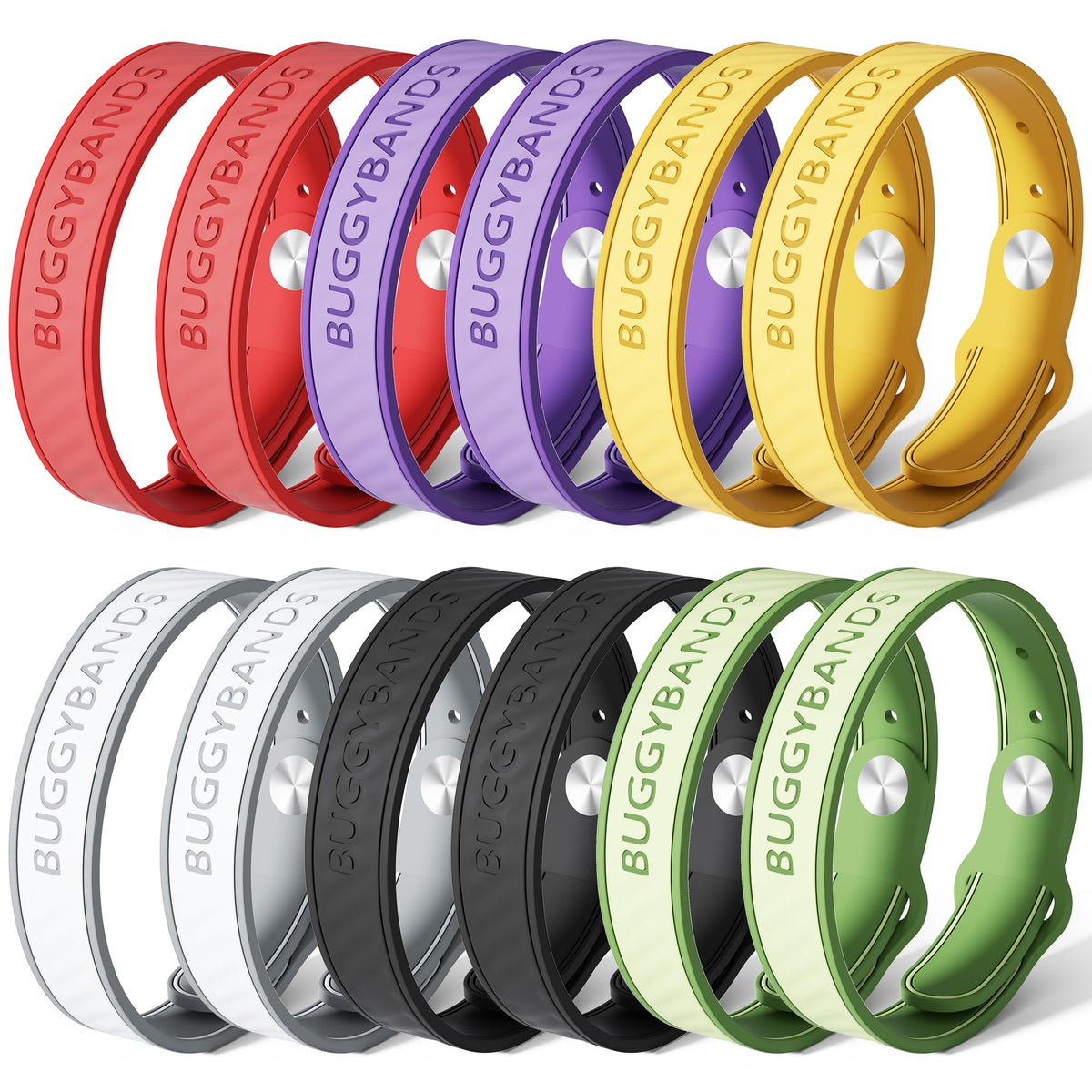 BuggyBands mosquito bracelet pack with colorful bands for outdoor protection.