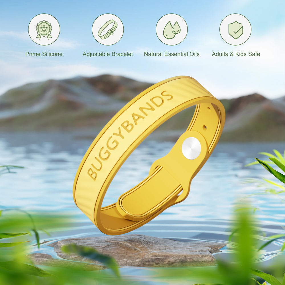 BuggyBands mosquito repellent bracelet purple; supports travel and hiking with 360-degree coverage.