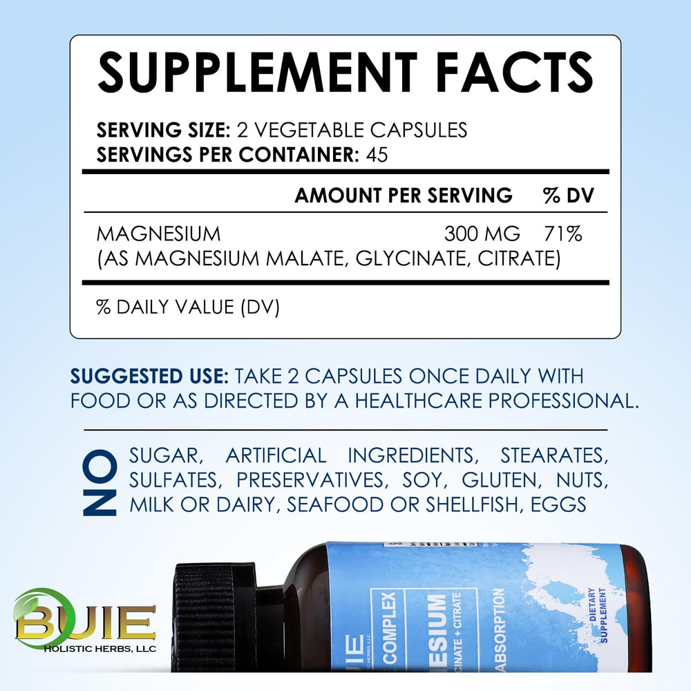 Ingredient panel highlights 300mg magnesium per capsule and vegan ingredients
