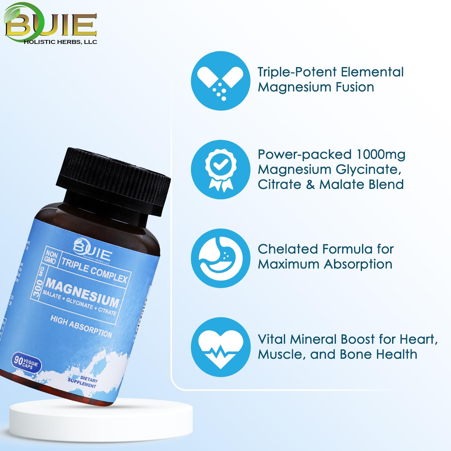 Product label showing chelated magnesium glycinate, citrate, and malate for better absorption