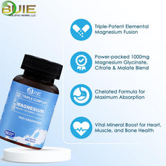 Product label showing chelated magnesium glycinate, citrate, and malate for better absorption