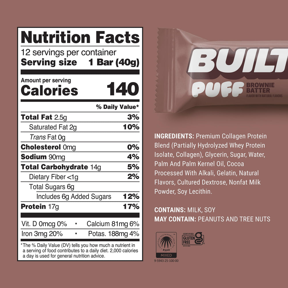 Cross-section of Built Bar Puff Brownie Batter showing fluffy interior and brownie flavor.