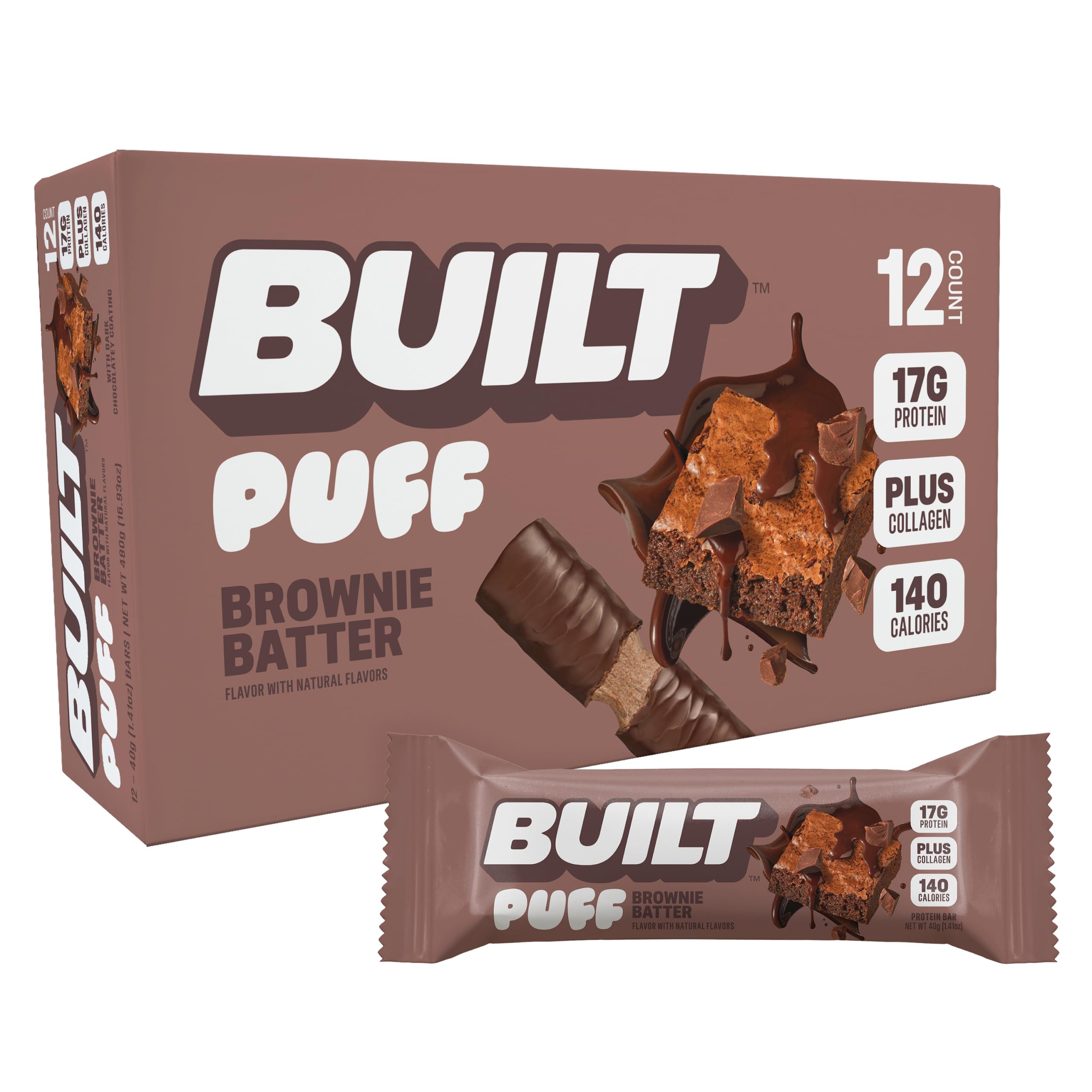 Built Bar Puff Brownie Batter packaging highlights on-the-go protein for busy days.