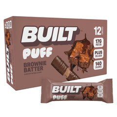 Built Bar Puff Brownie Batter packaging highlights on-the-go protein for busy days.