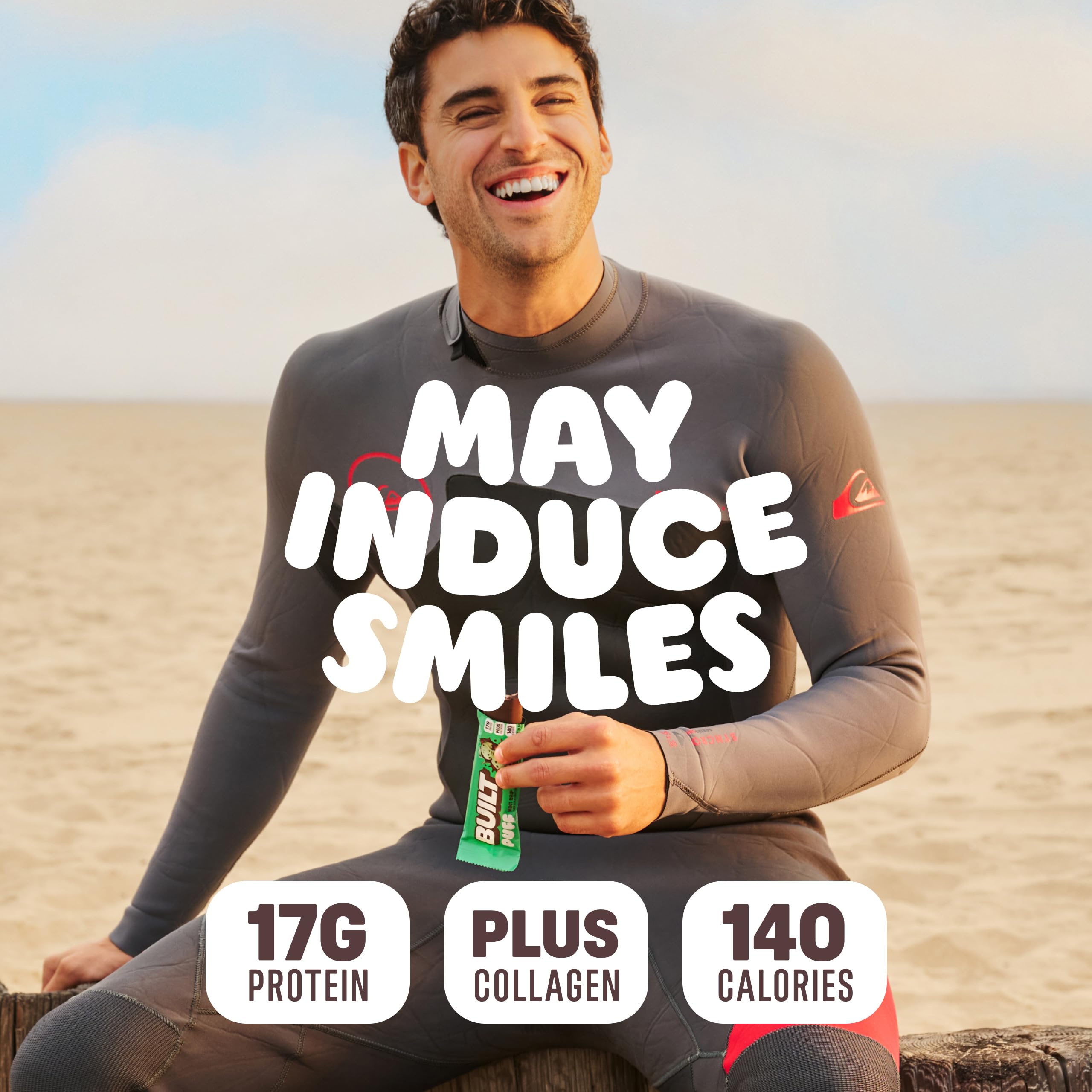 Holding Built Bar Puff Mint Chip bar as a convenient workout snack.