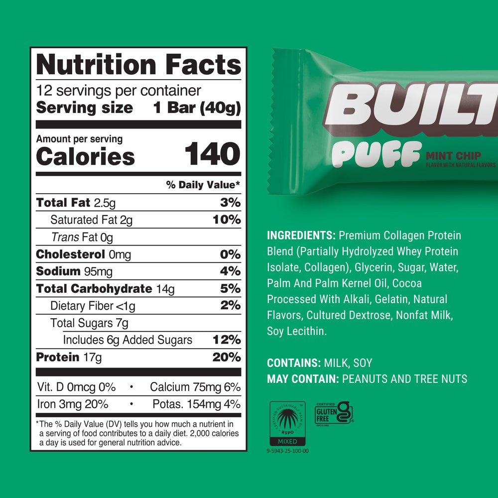 Built Bar Puff Mint Chip bar wrapped for quick grab-and-go fuel.