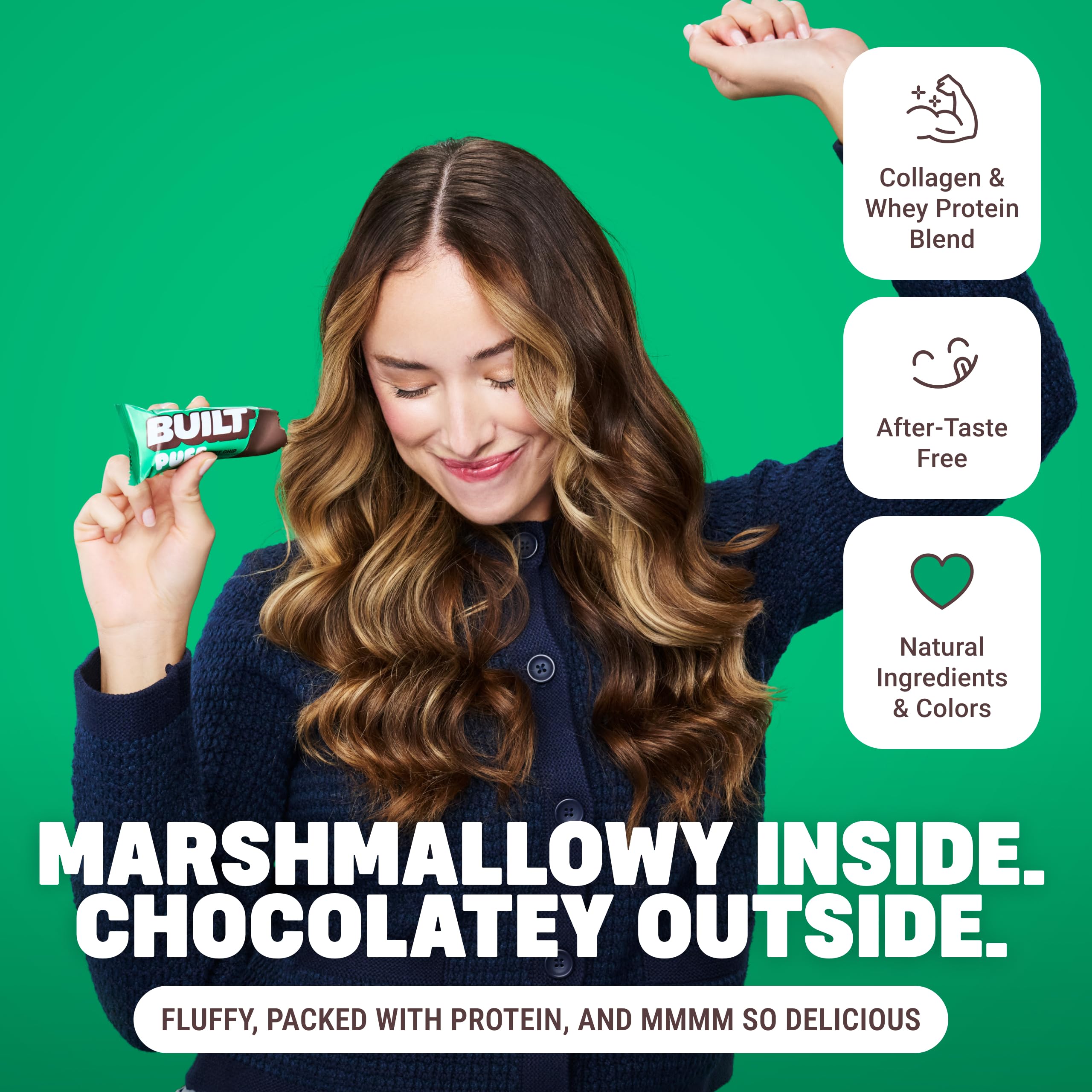 Ingredients highlight collagen and gluten-free profile of Built Bar Puff Mint Chip.