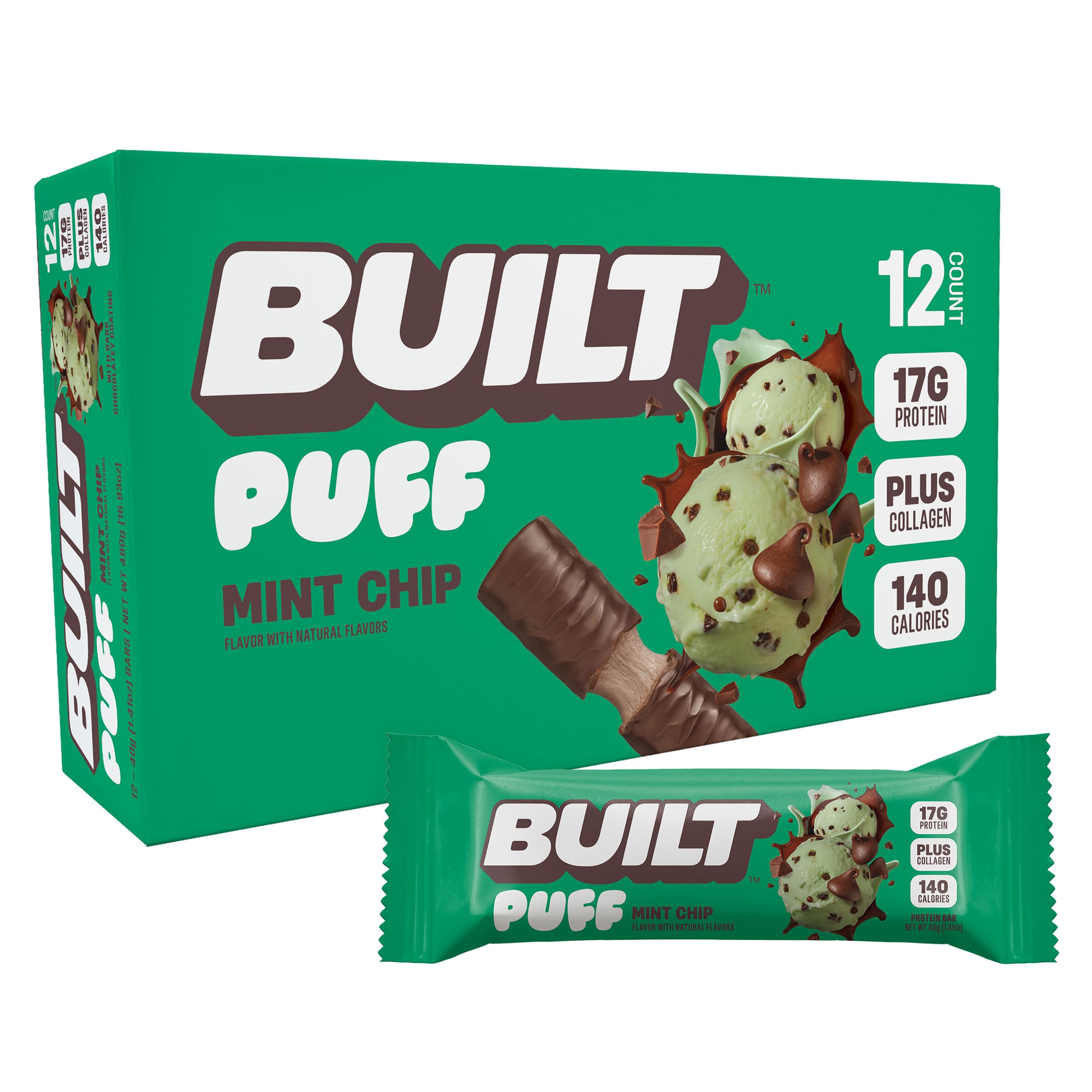 Built Bar Puff Mint Chip packaging emphasizes on-the-go protein snacking.