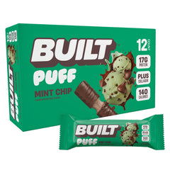 Built Bar Puff Mint Chip packaging emphasizes on-the-go protein snacking.