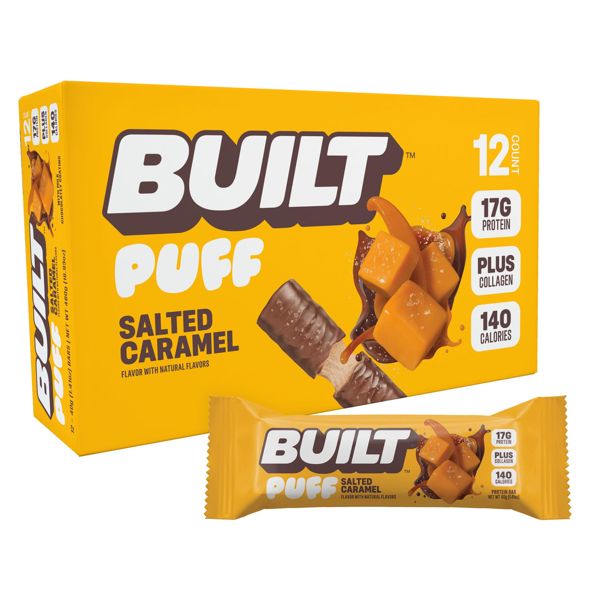 Built Bar Puff Salted Caramel bar package close-up for on-the-go energy.