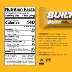 Built Bar Puff Salted Caramel cross-section highlights airy texture and 17g protein.