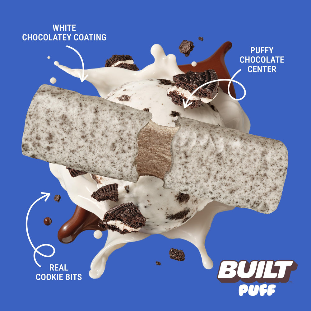 Built Bar Puffs Cookies-N-Cream Puff texture close-up highlighting fluffy bite