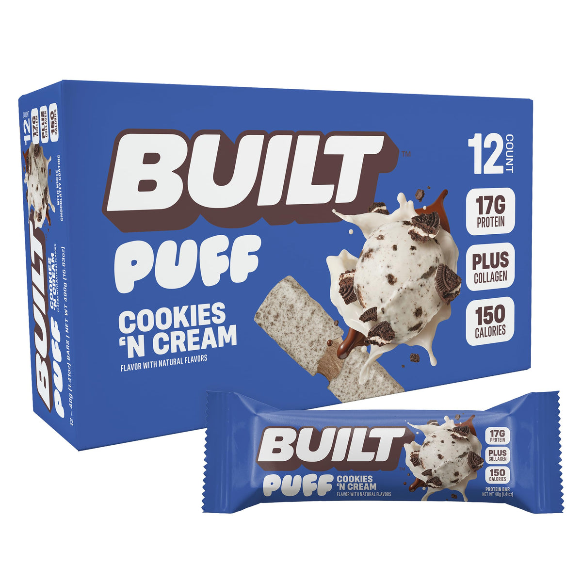 Built Bar Puffs Cookies-N-Cream Puff wrap shows a protein-packed snack after workouts