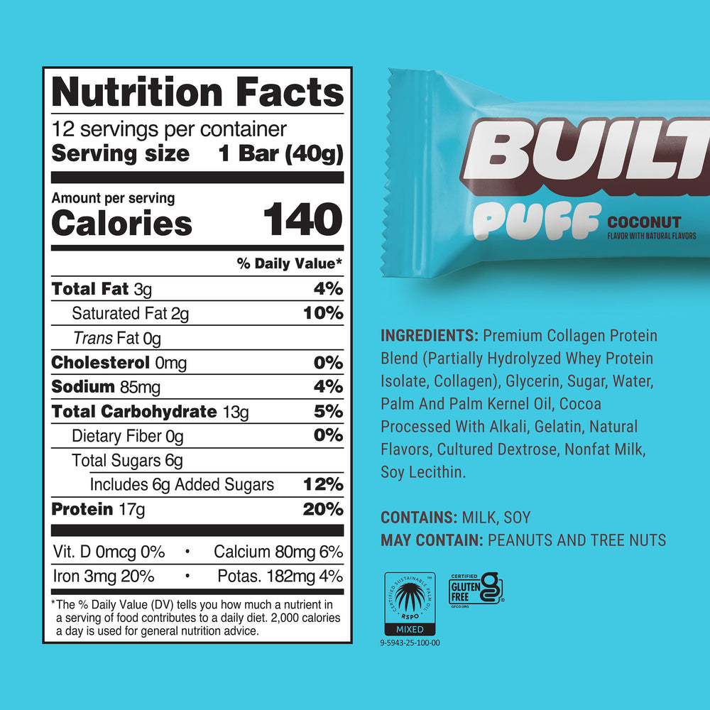 Built Bar Puffs Coconut packaging for convenient, portable nutrition.