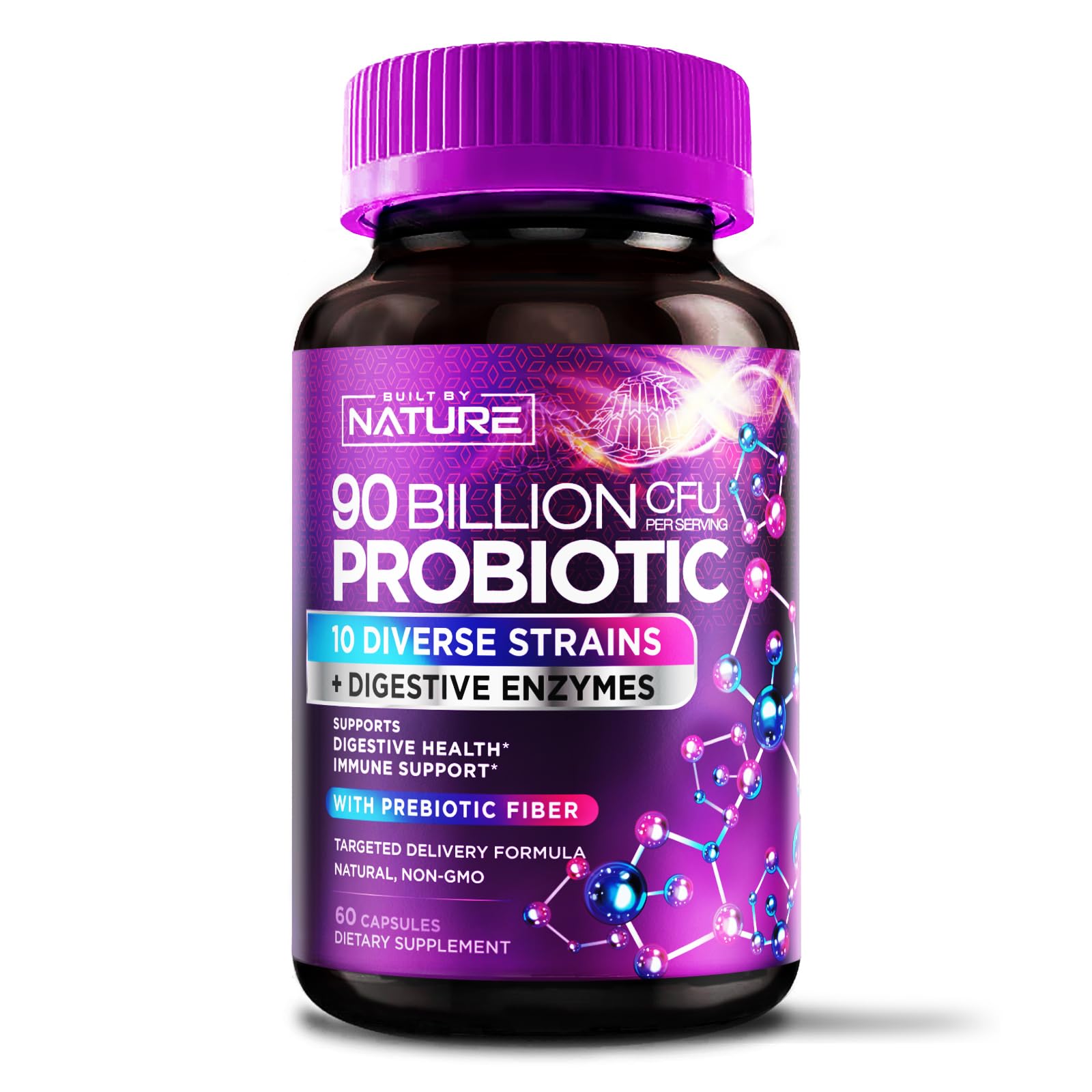 Built By Nature 90-billion CFU probiotic bottle supporting daily gut health.