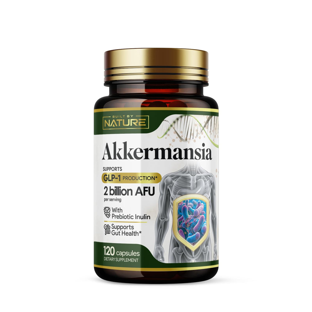 Built by Nature Akkermansia bottle with capsules supports gut health.