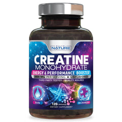 Built by Nature Creatine Pills packshot highlighting a gluten-free, vegan supplement for workouts.