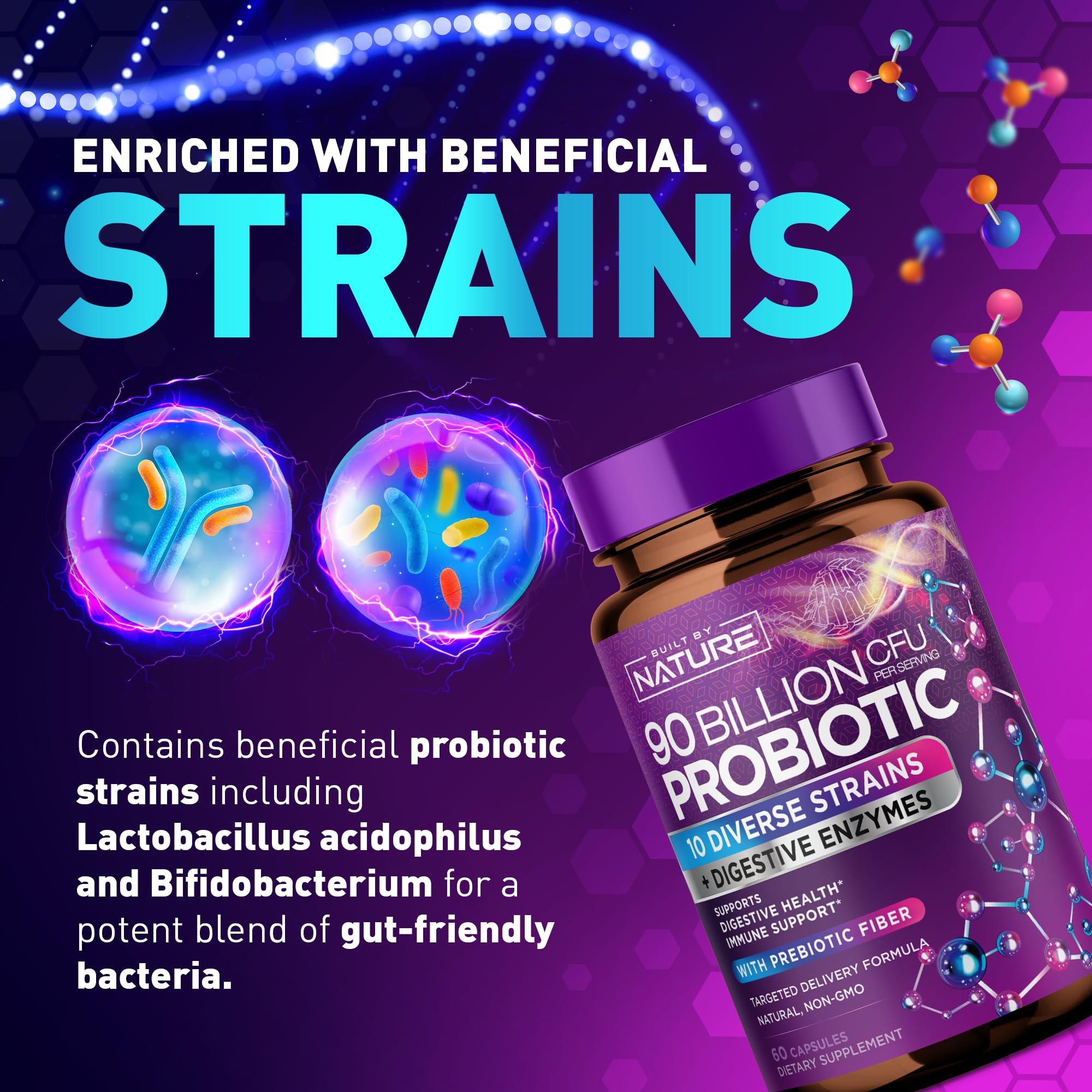 Built By Nature digestive health bottle close-up emphasizes easy daily intake.