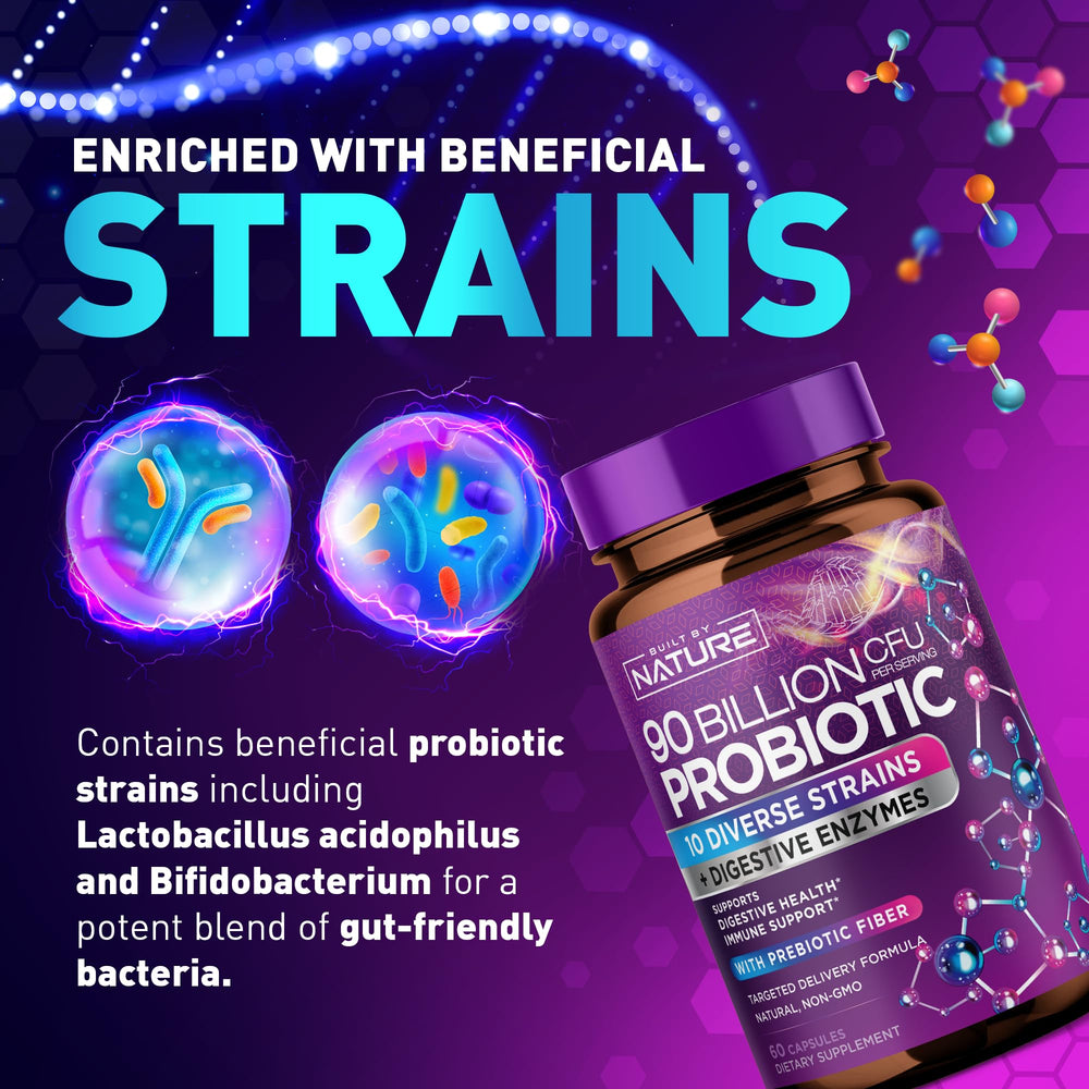 Built By Nature digestive health bottle close-up emphasizes easy daily intake.