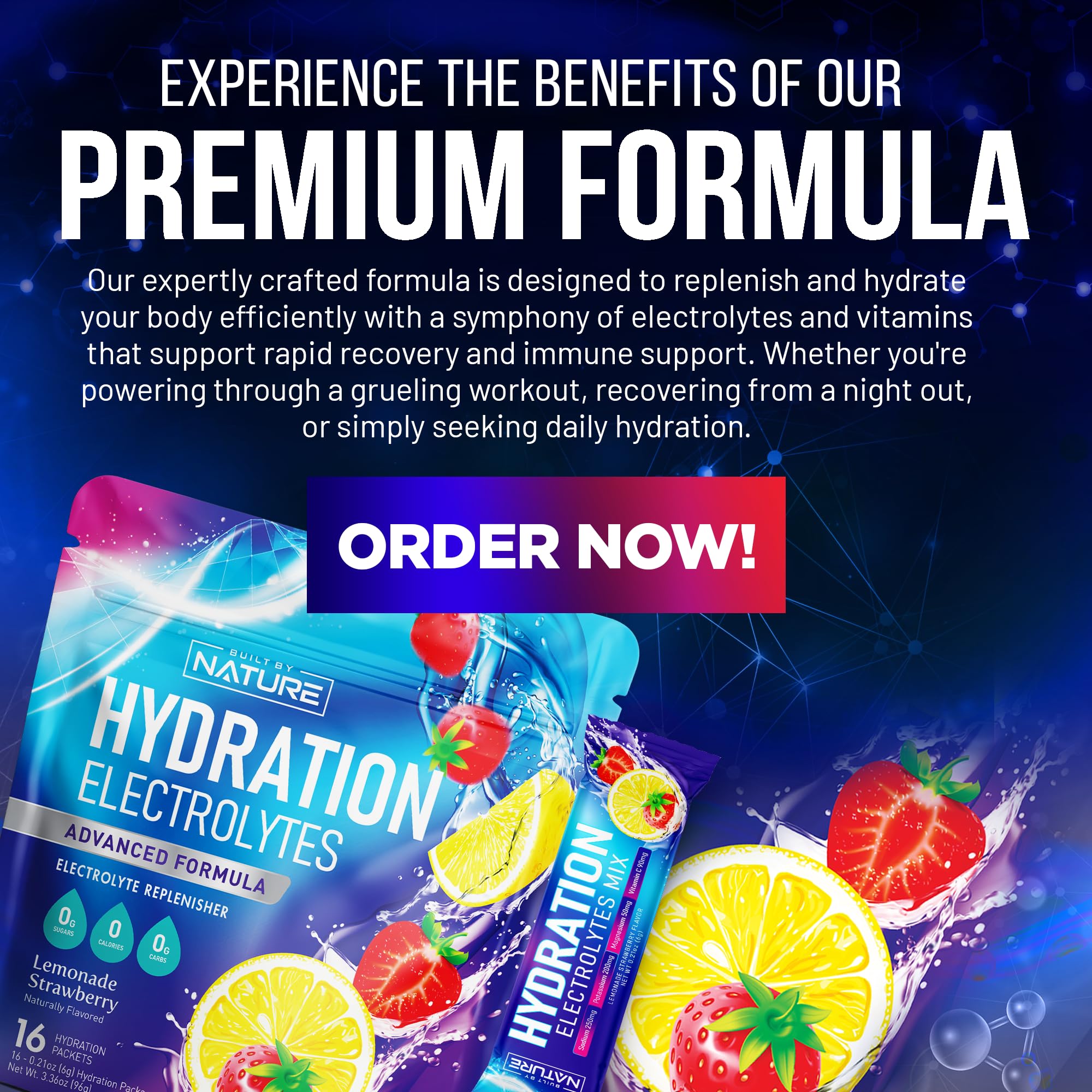 Built by Nature electrolytes stick next to glass of prepared hydration drink