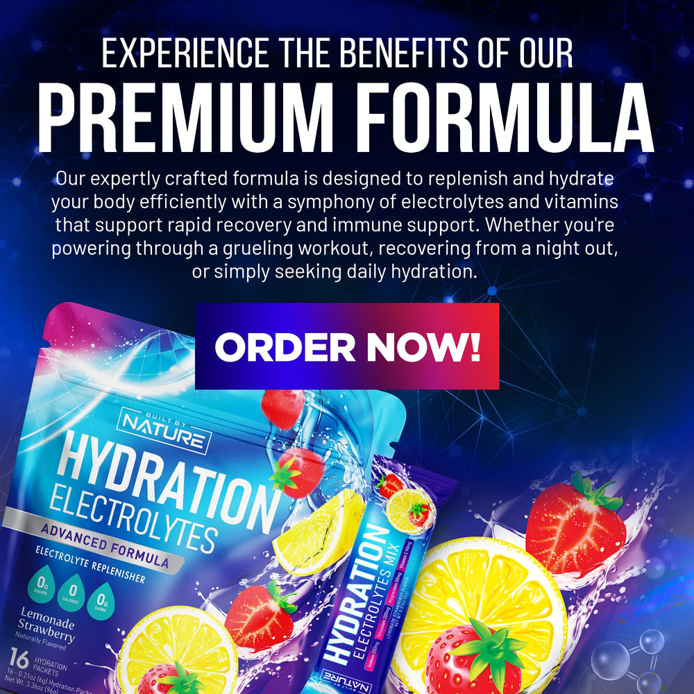Built by Nature electrolytes stick next to glass of prepared hydration drink