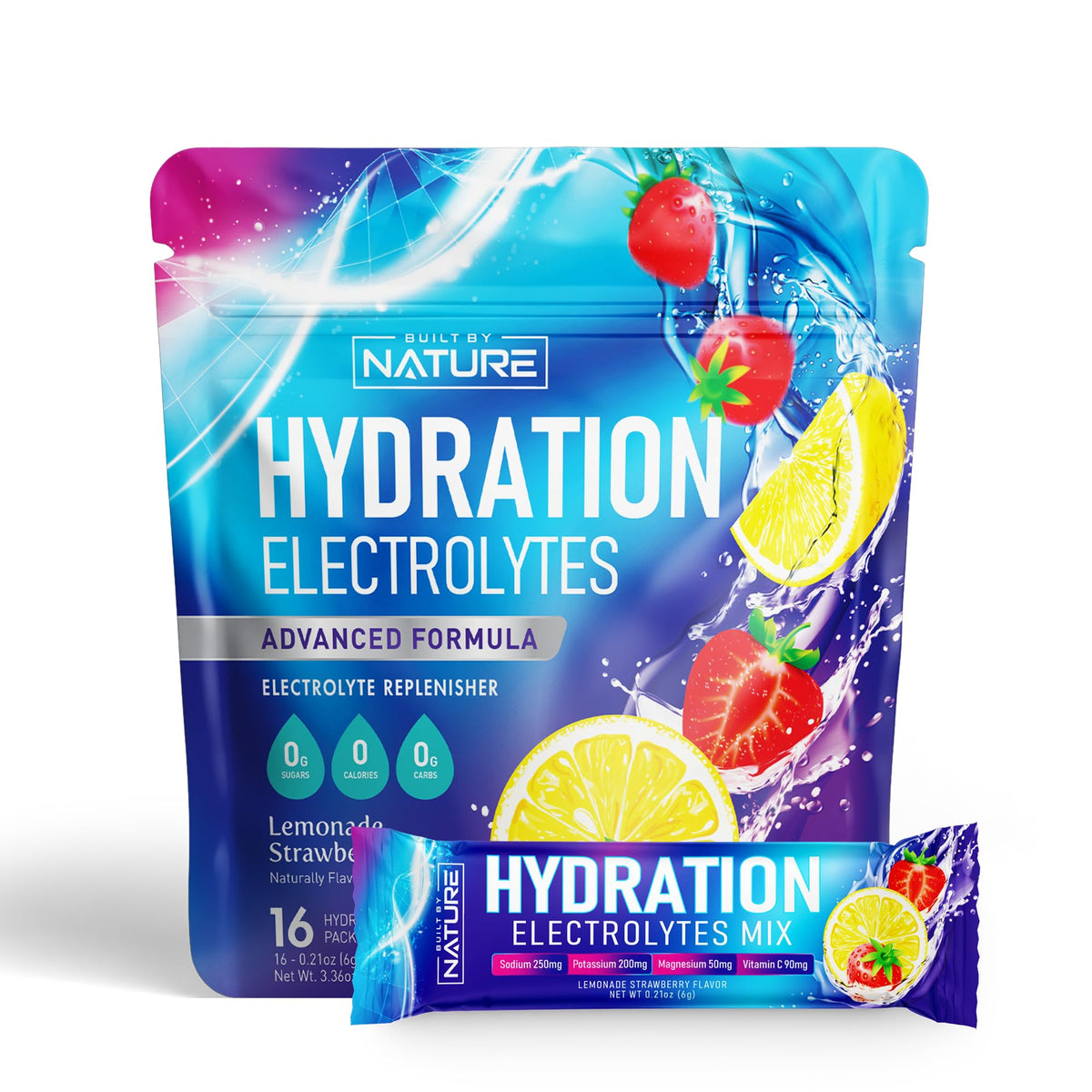 Built by Nature electrolytes stick strawberry lemonade front view for on-the-go hydration