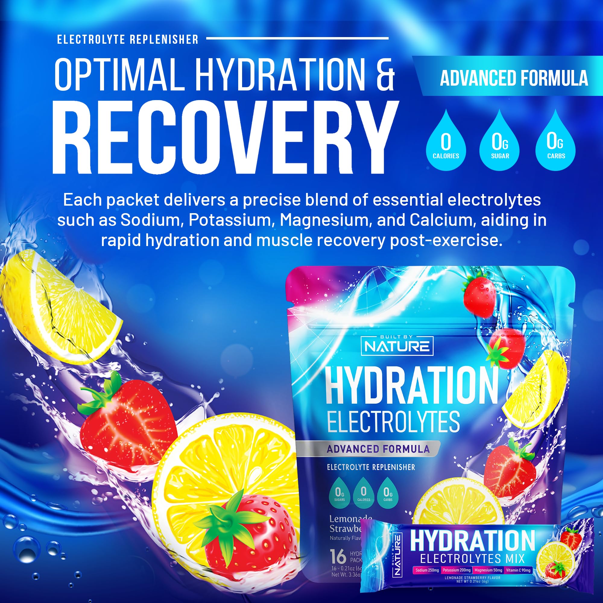 Built by Nature electrolytes stick strawberry lemonade packaging image showing color and non-GMO vegan formula