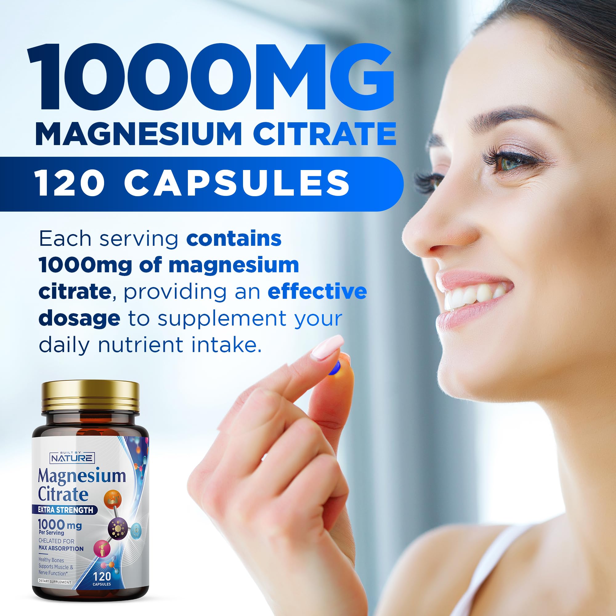 Front label of Built By Nature Magnesium Citrate with vegan and gluten-free cues