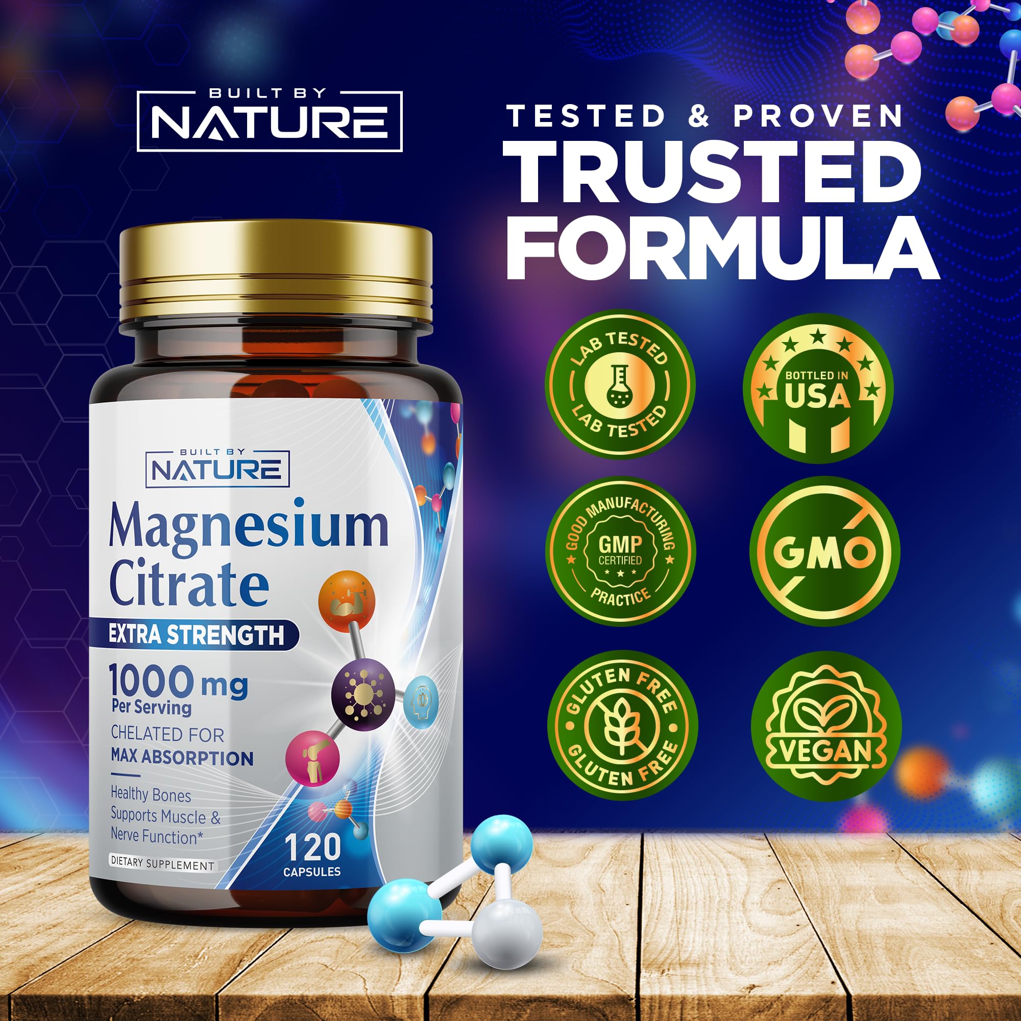 Vegan non-GMO gluten-free icons alongside Built By Nature Magnesium Citrate capsules