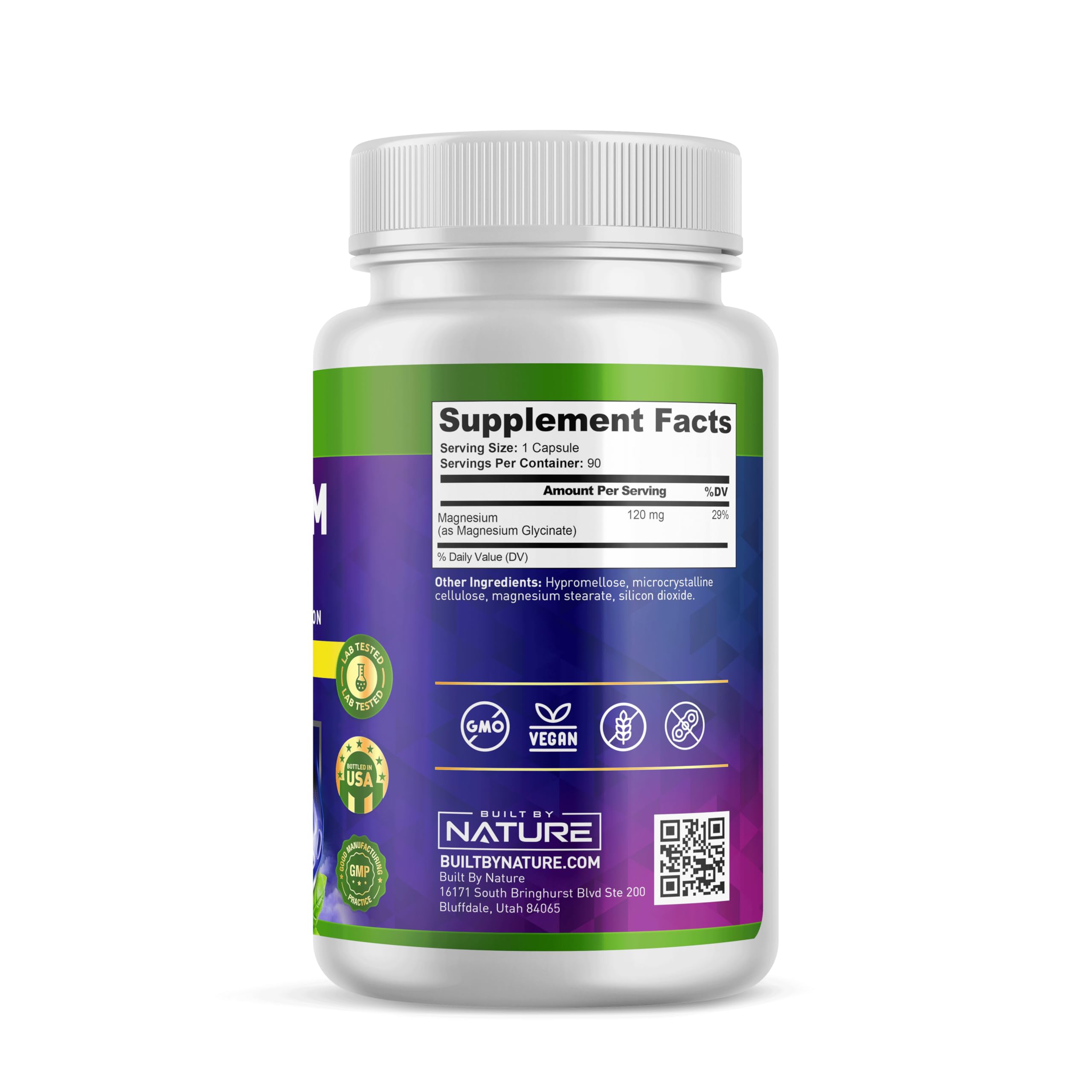 Built By Nature Magnesium Glycinate capsules closeup highlighting gentle stomach support