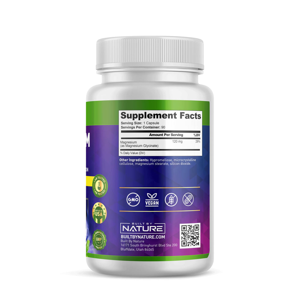 Built By Nature Magnesium Glycinate capsules closeup highlighting gentle stomach support