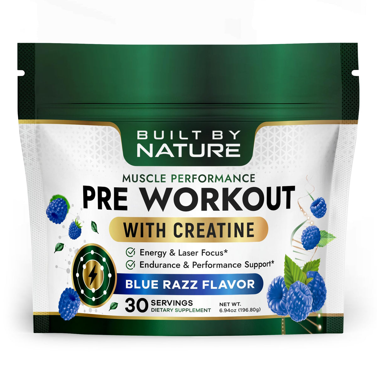 Built by Nature Pre Workout Blue Razz bottle boosts clean energy for training.