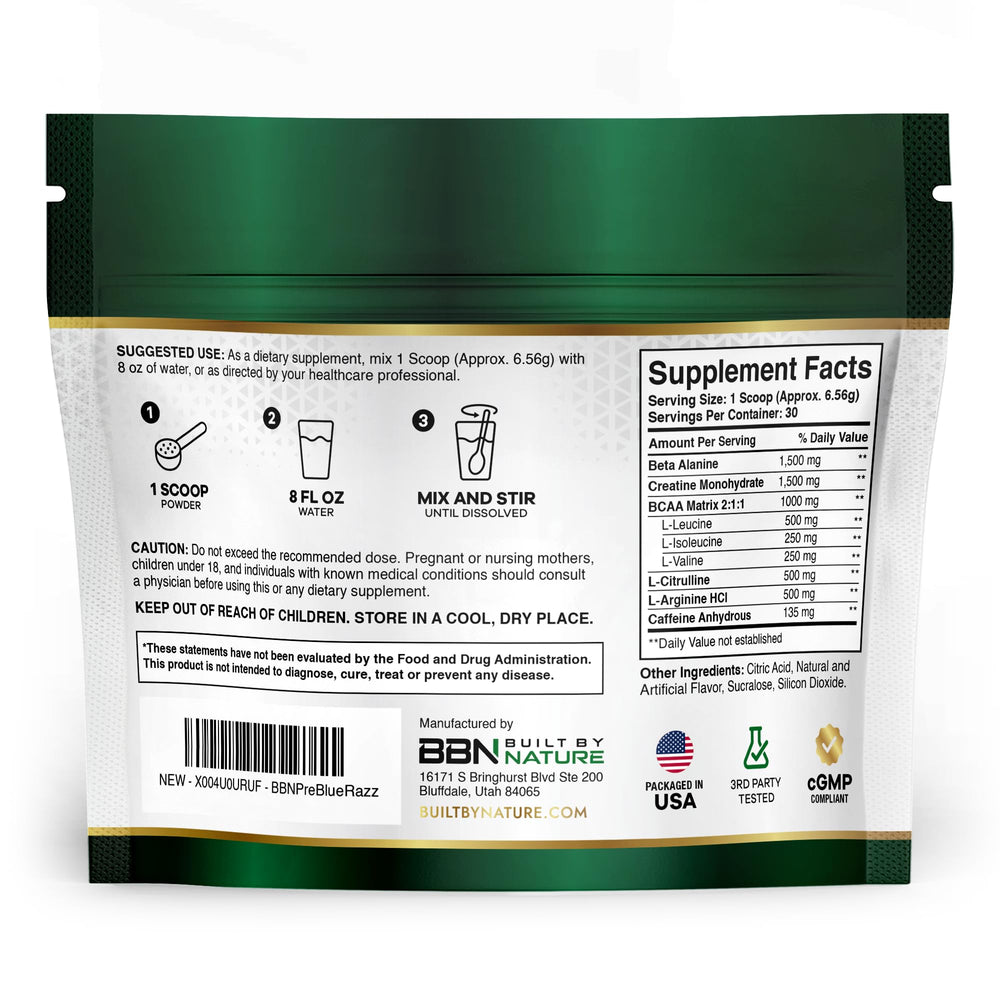 Built by Nature Pre Workout Blue Razz scoop for quick mixing with fast-acting focus.