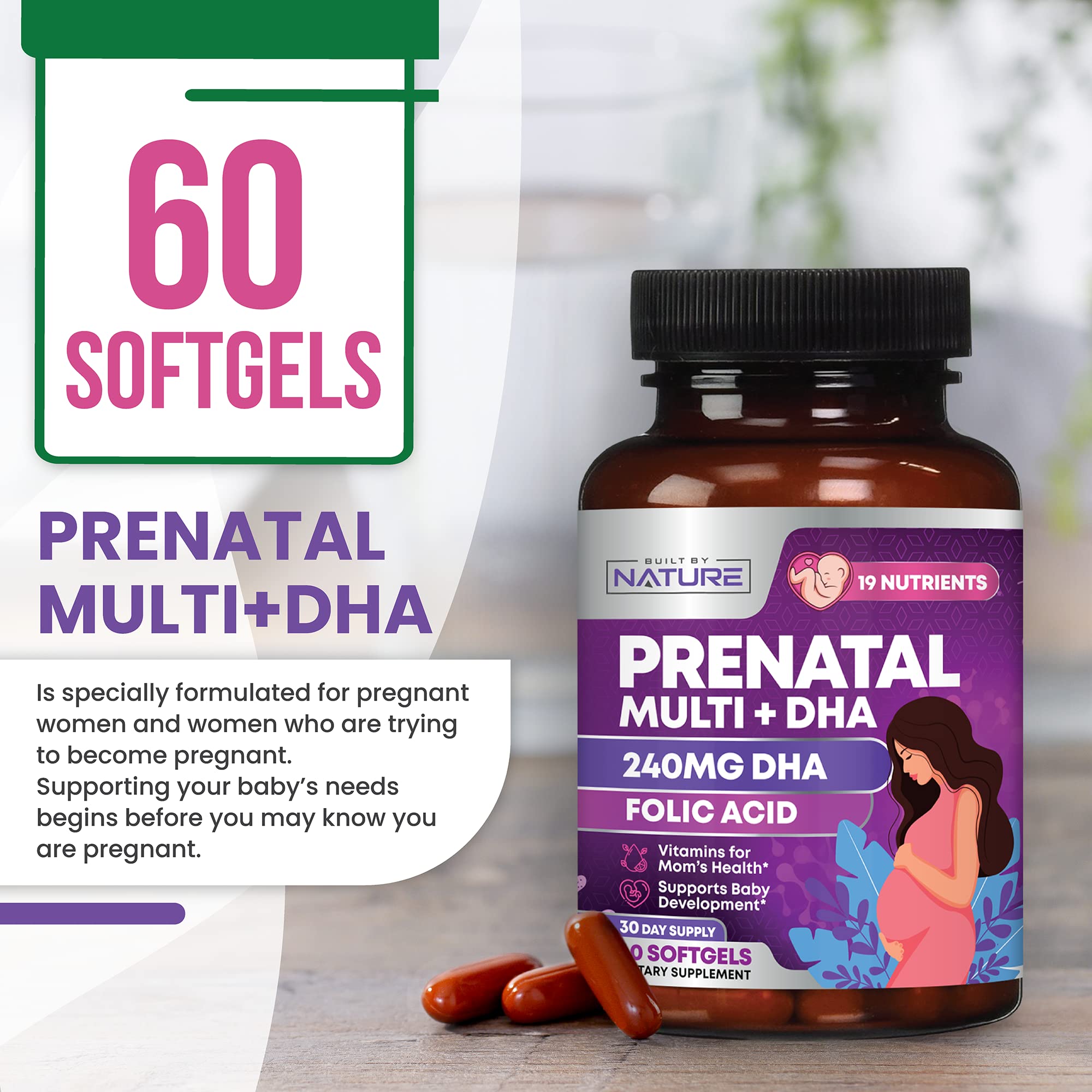 Built by Nature Prenatal easy-swallow softgels for gentle digestion.
