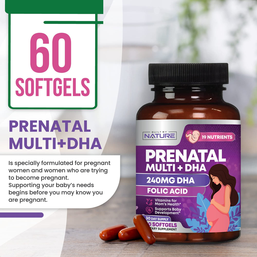 Built by Nature Prenatal easy-swallow softgels for gentle digestion.