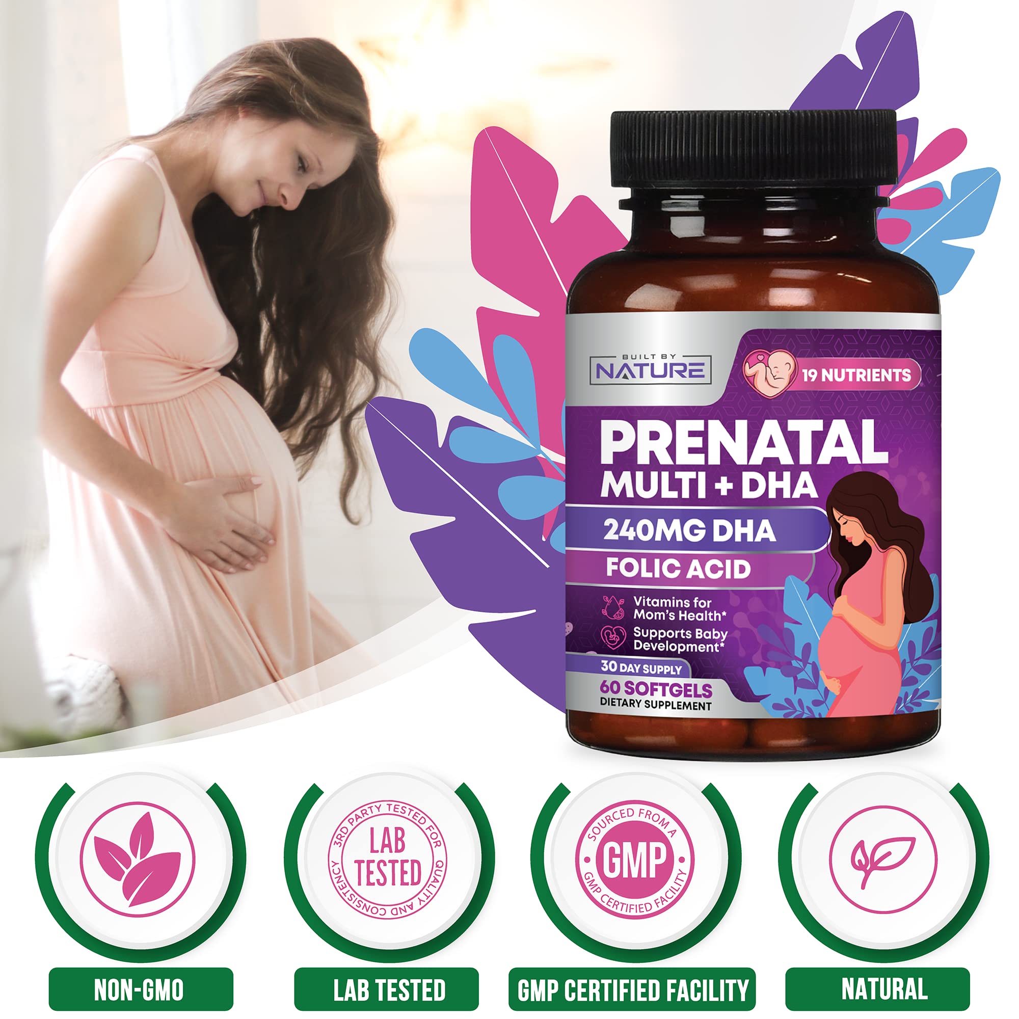 Built by Nature Prenatal purity testing label conveying safety and quality.