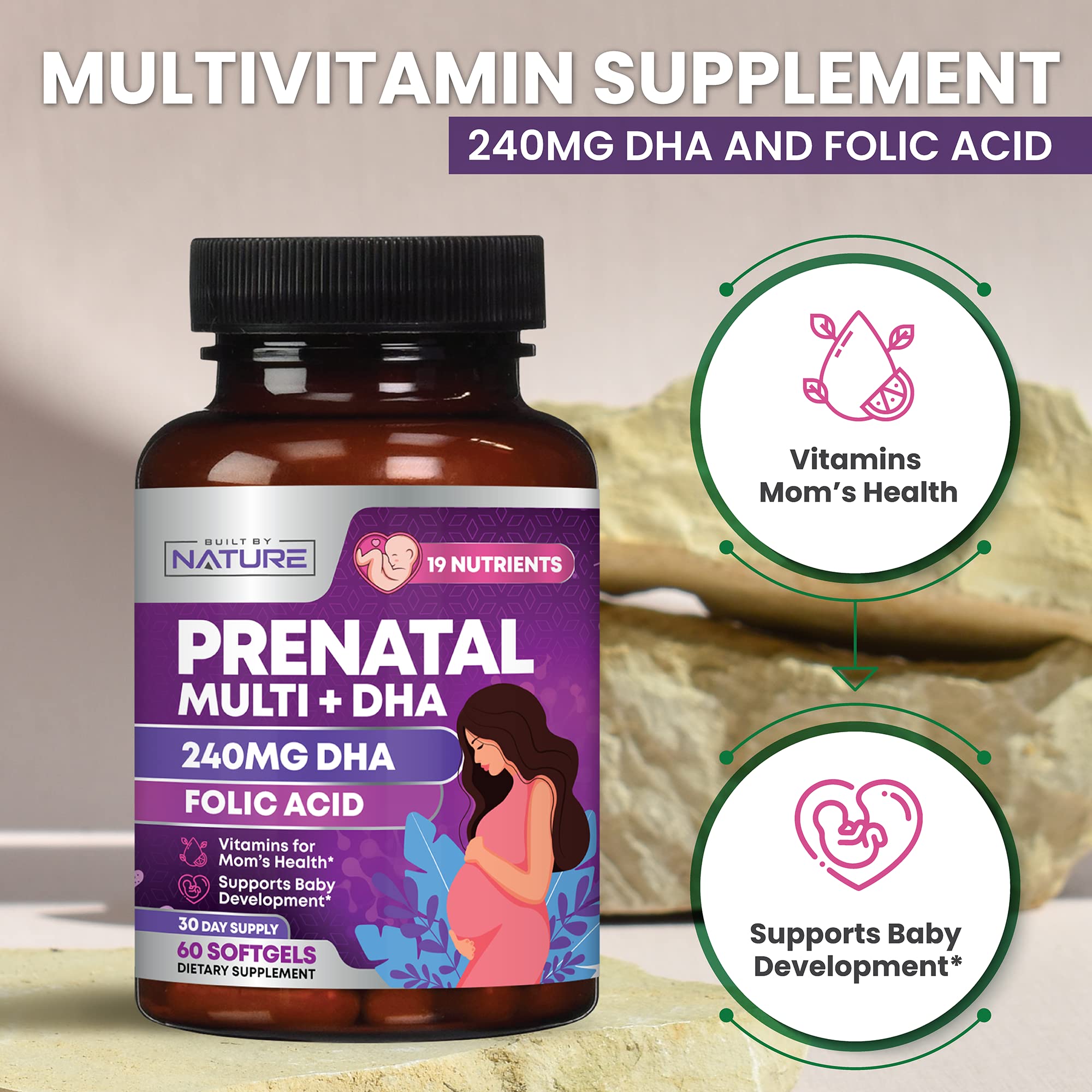 Built by Nature Prenatal vitamin C B12 and omega-3 softgels for daily wellness.