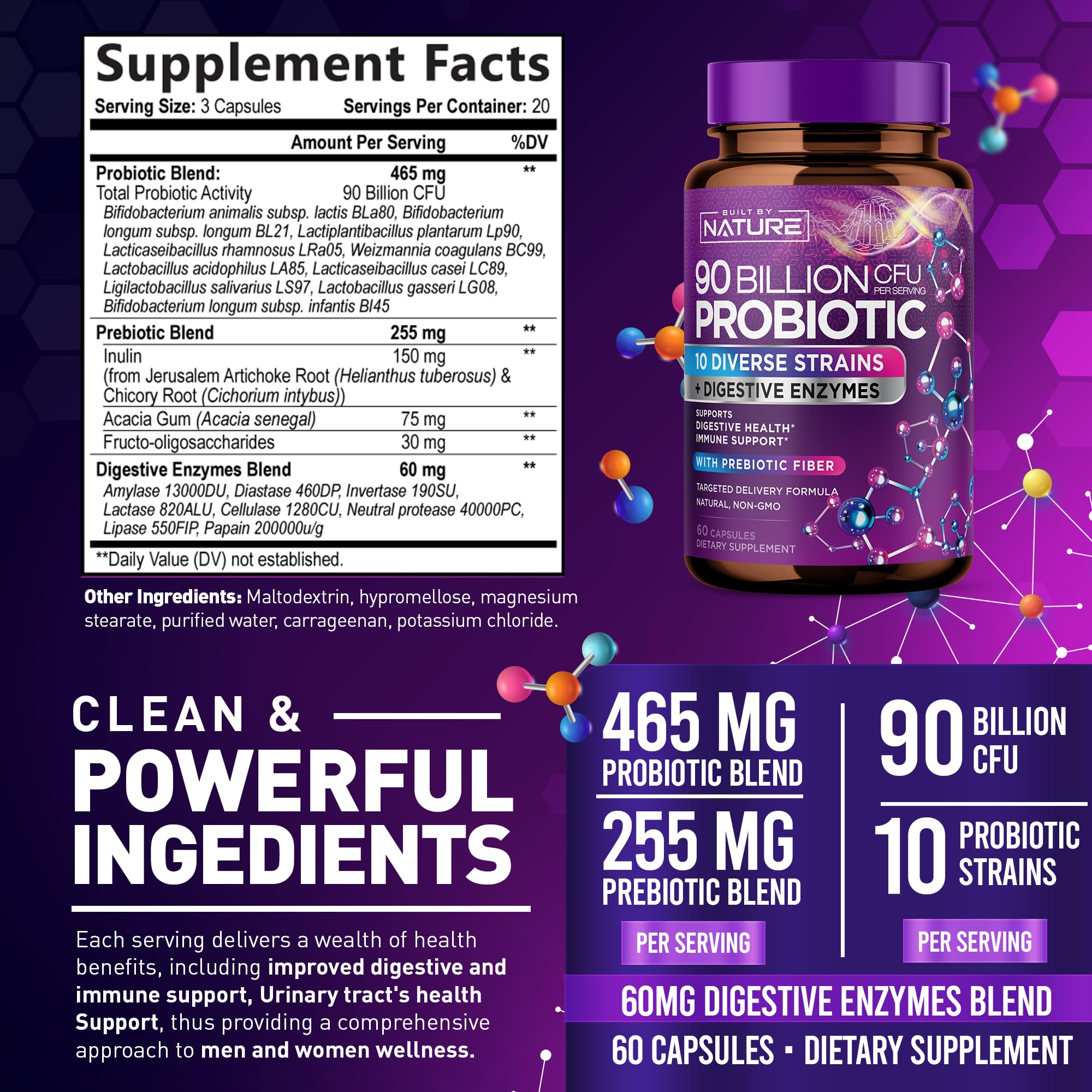 Built By Nature probiotic strains label highlighting Lactobacillus and Bifidobacterium benefits.