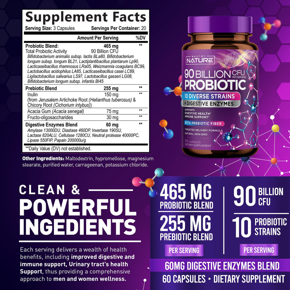 Built By Nature probiotic strains label highlighting Lactobacillus and Bifidobacterium benefits.