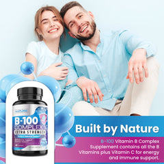 Label close-up on Built By Nature Super B Complex highlights B vitamins and vitamin C.