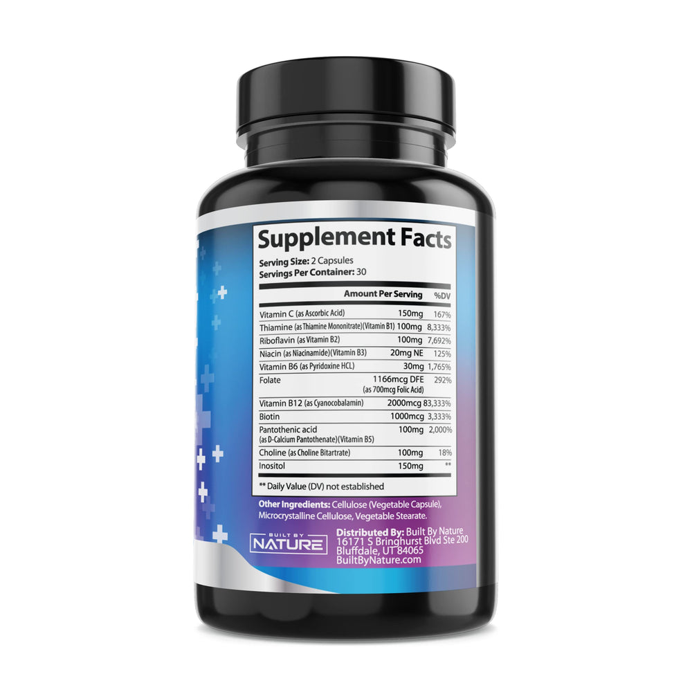 Vegan formula badge highlights Built By Nature Super B Complex for vegan diets.