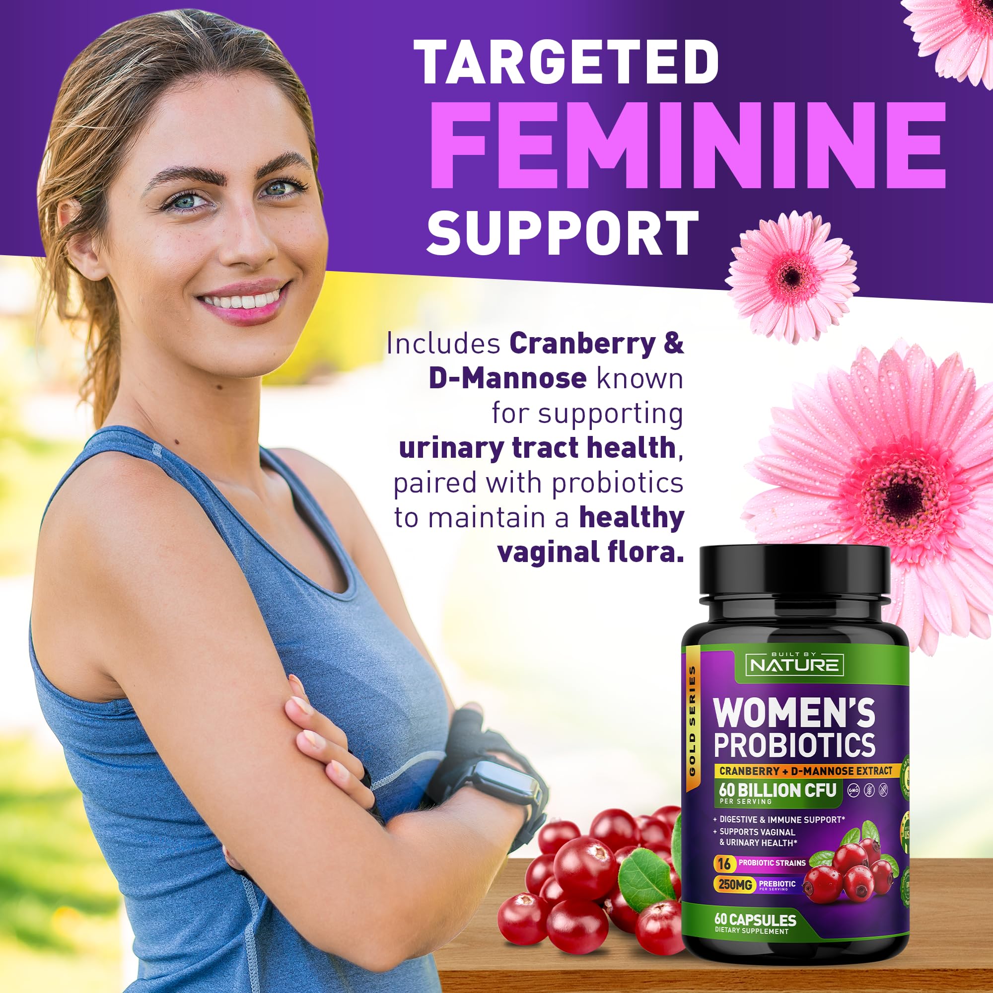 Bottle view of Built by Nature Probiotics for Women emphasizing immune support potential