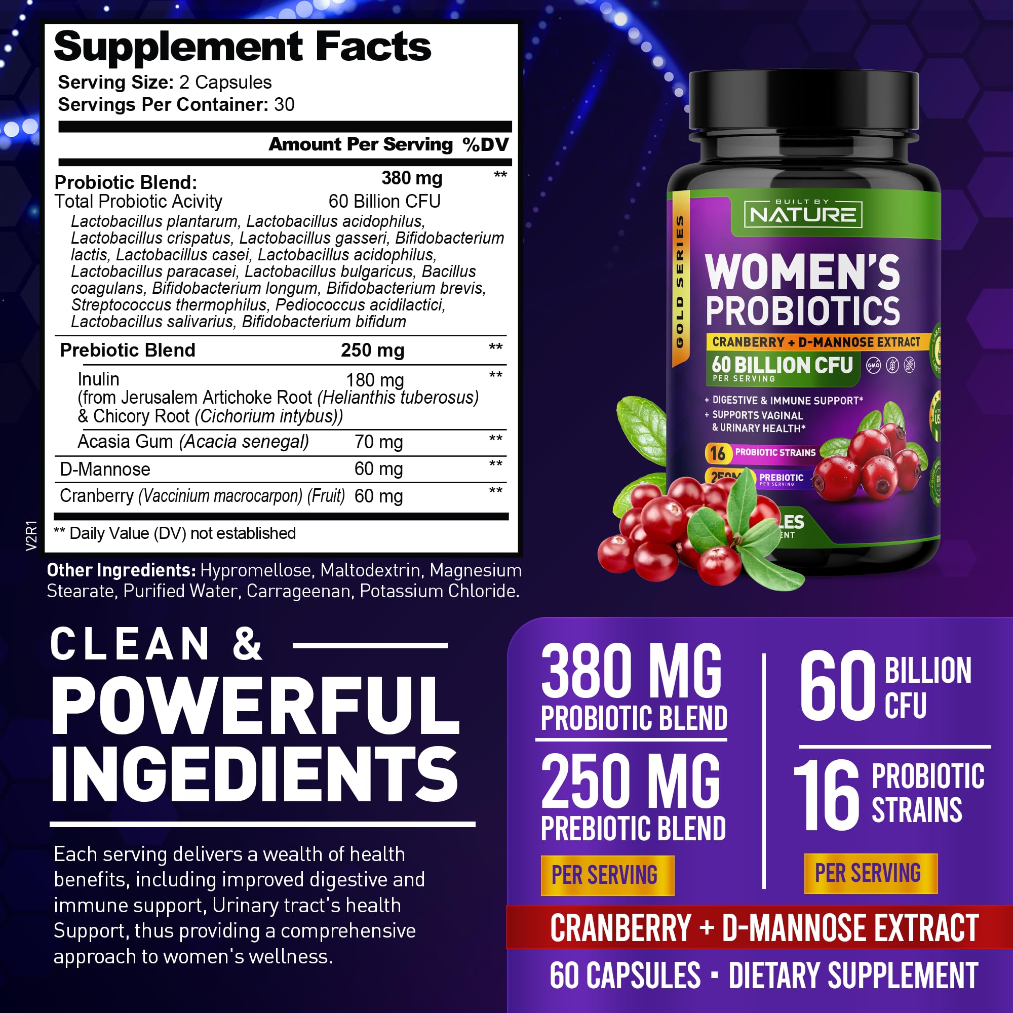 Capsules of Built by Nature Probiotics for Women highlight 16 strains for feminine health