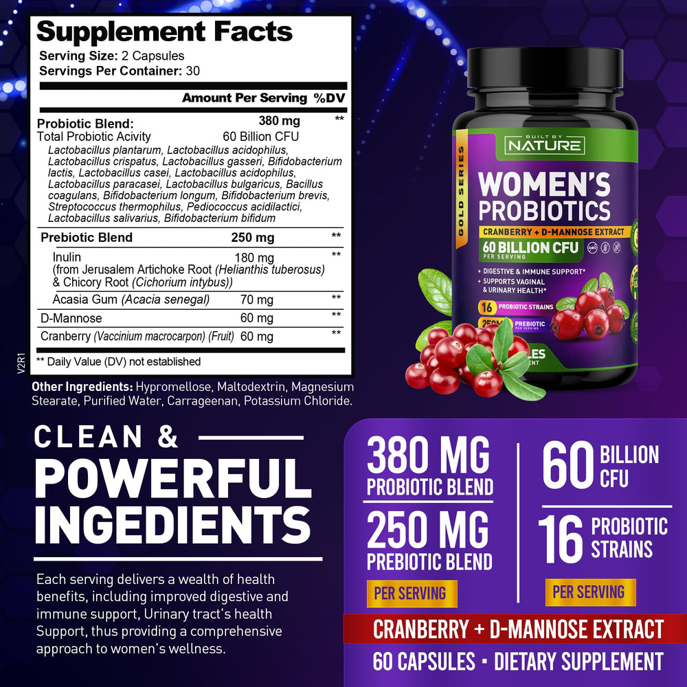 Capsules of Built by Nature Probiotics for Women highlight 16 strains for feminine health