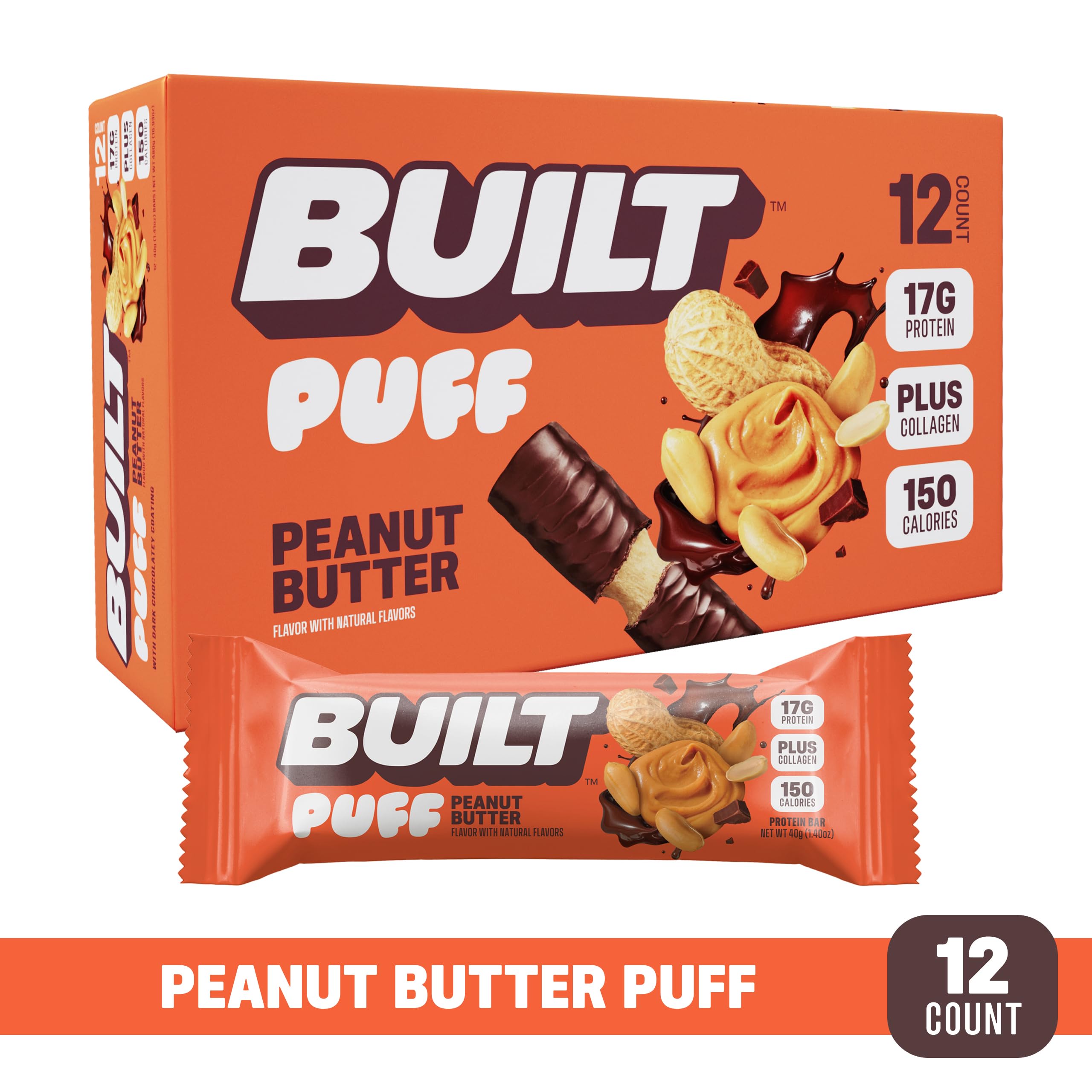 Nutrition facts for Built Bar Puffs showing 17g protein per bar