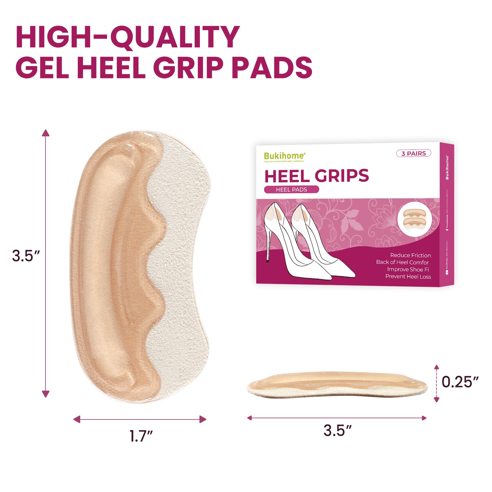 Bukihome heel pad beige color blends with many shoes for low-visibility cushioning