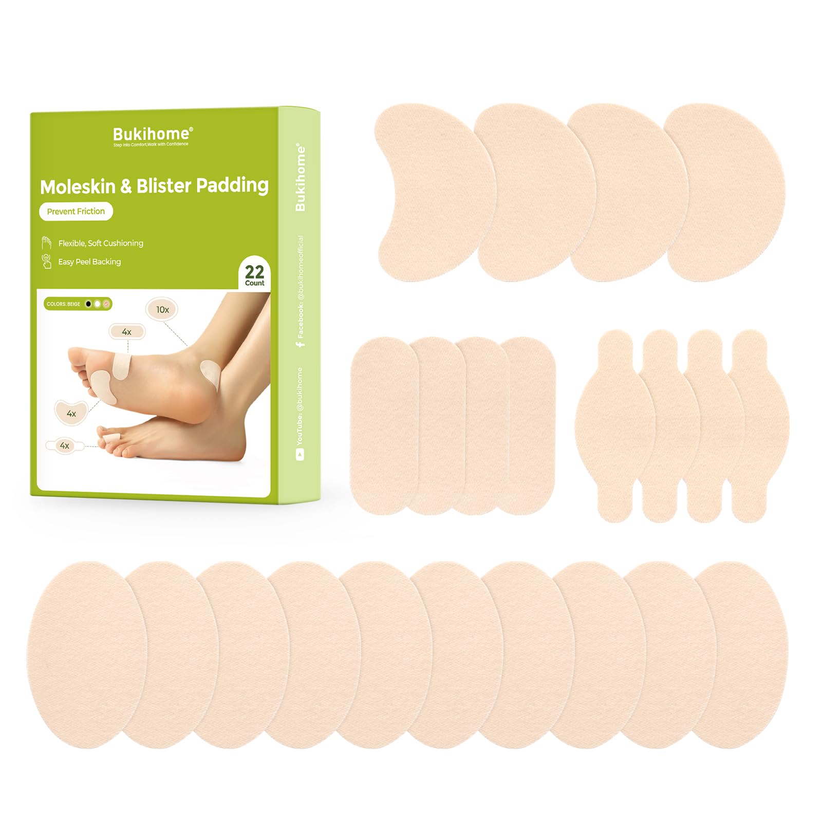 Bukihome Moleskin adhesive pads pack with 11 sheets and 4 shapes for daily blister protection