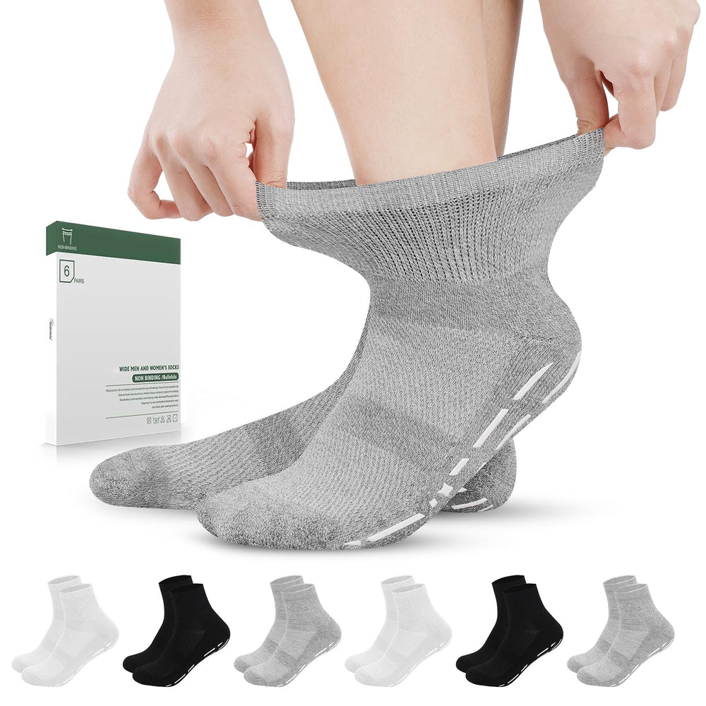 Bulinlulu diabetic socks with grips and loose top for unrestricted ankle comfort.