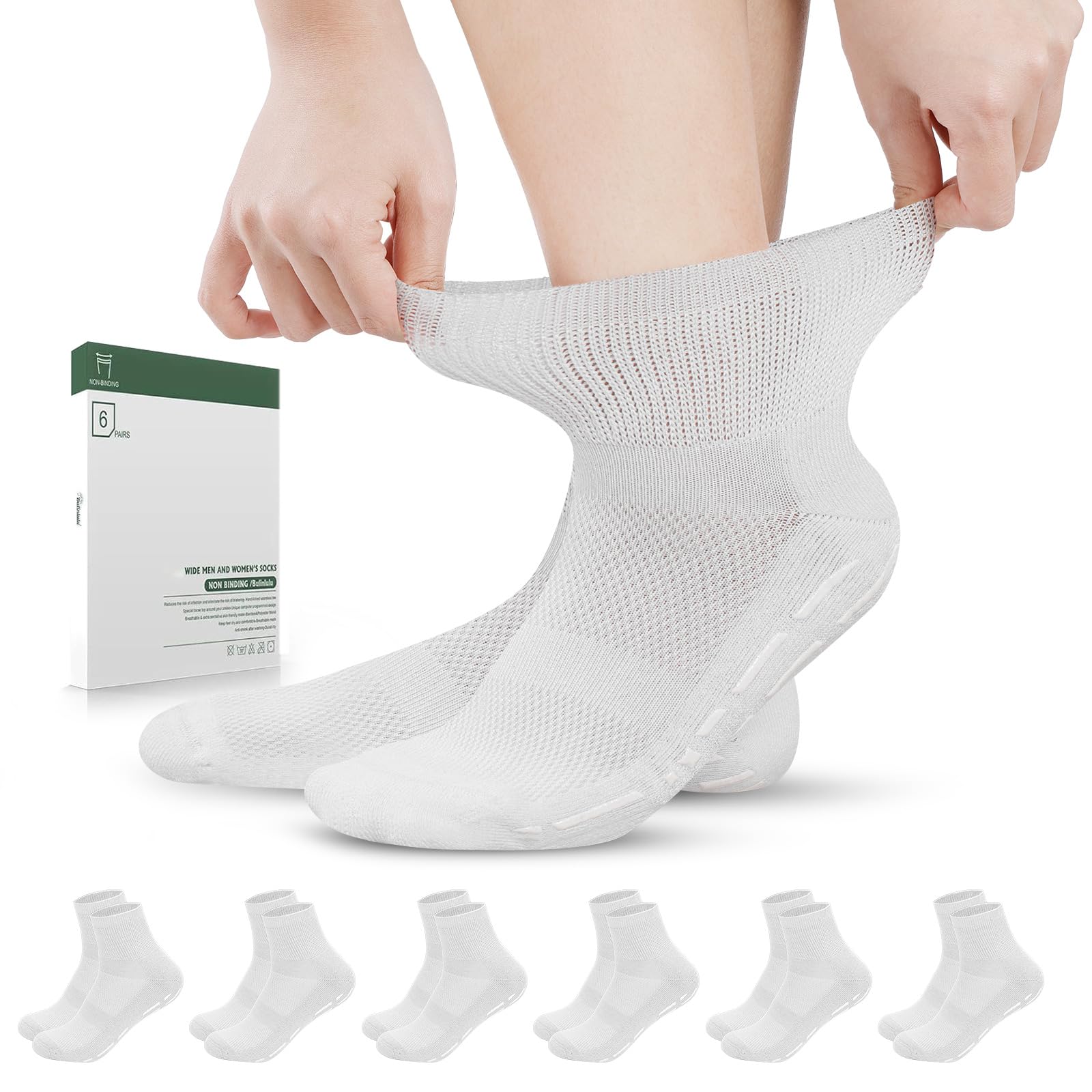 Bulinlulu diabetic socks with grippers, top view shows non-binding comfort for all-day wear.